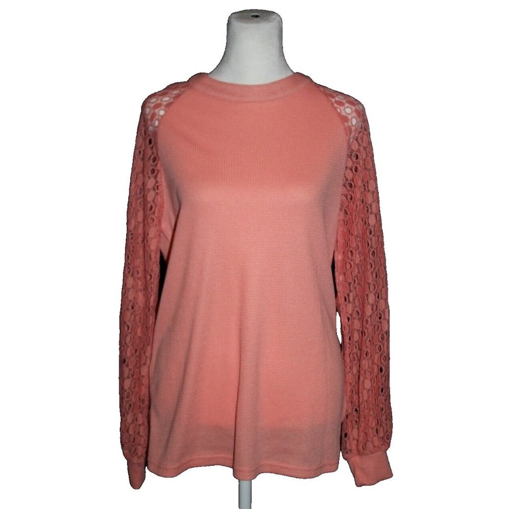 Miholl Shirt Top Women's Size Medium M Bright Coral Waffle Body Lace Sleeve